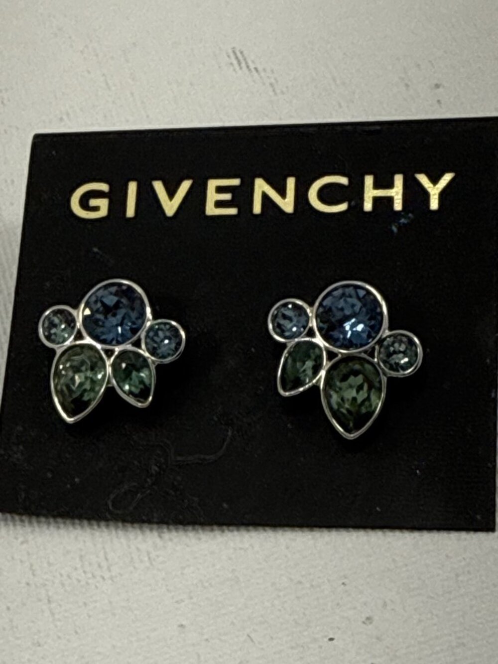 Vintage Givenchy Blue Green Crystal Cluster Post Earrings Signed
